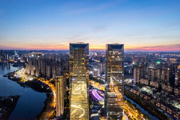 Fototapeta na wymiar Night view of CBD buildings in Xiangjiang New District, Changsha, Hunan Province, China