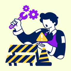 Worker holding wrench and repairing broken machine. Flat design modern vector illustration concept