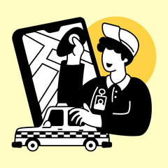 Taxi driver looking for destination location with smartphone. Flat design modern vector illustration concept