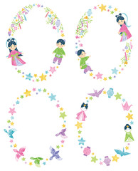 7月　七夕まつり　織姫と彦星　イラスト丸フレームセット 　縦