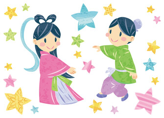 7月　七夕まつり　織姫と彦星と星　イラスト素材	