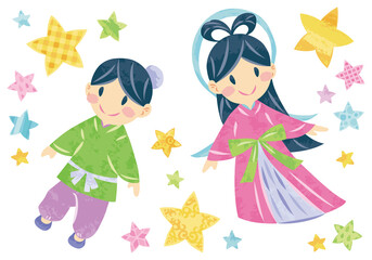 7月　七夕まつり　織姫と彦星と星　イラスト素材	