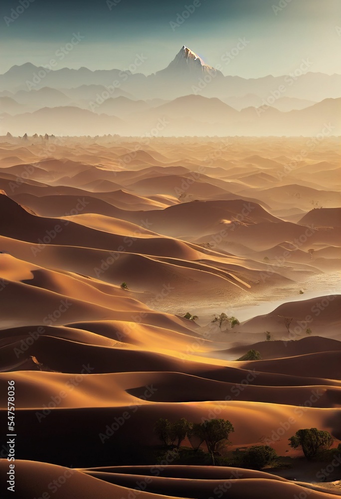 Poster hyper realistic illustration of a beautiful desert with few trees and high hills in the distance