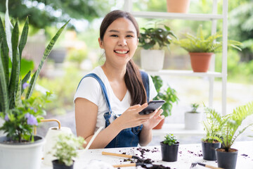 Hobby, asian young woman hand using mobile phone, cellphone taking photo of pot, houseplant with...