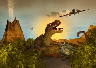 Fototapeten Dinosaurier beobachtet einen Flugzeugabsturz © pixelschoen