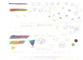 Set of 59 isolated hand drawn PNG elements. MULTICOLOR pencil strokes. Stars hearts scribbles lines triangles squares squiggles circles	