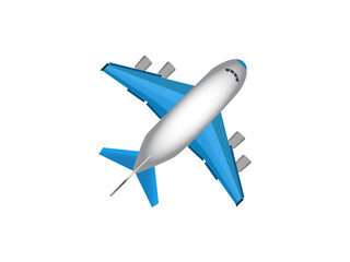White literal airplane icon with blue wings and engines on transparent background