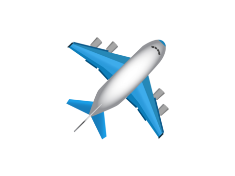 White literal airplane icon with blue wings and engines on transparent background