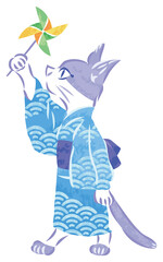 浴衣で風車を持つ猫	