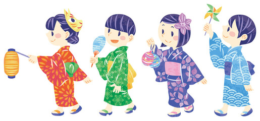 夏祭り　浴衣で出かける子ども達	