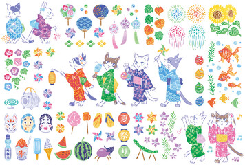 夏祭り　縁日を浴衣で楽しむ猫　イラスト素材セット	