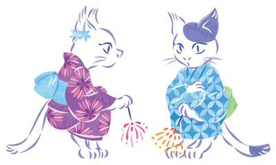浴衣で花火で楽しむ猫	