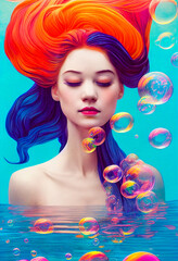 Woman with colorful hair and bubbles digitally generated