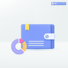 Wallet and pie chart icon symbols. purse, pouch, investment, finance, money cashback concept. 3D vector isolated illustration design. Cartoon pastel Minimal style. You can used for ux, ui, print ad.