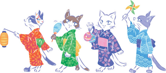 夏祭り　浴衣の猫　イラストセット