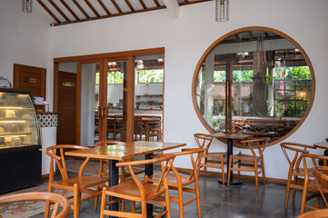 Beautiful interior of Bali style cafe in Ubud, Bali, Indonesia