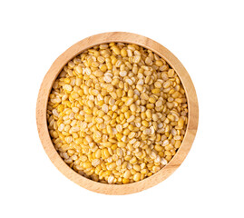 Peeled split mung beans in wood bowl isolated on transparent png