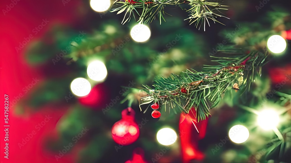 Aufkleber Christmas Tree In Red Shiny Background - Ornaments On Fir Branches With Glittering And Defocused Abstract Lights