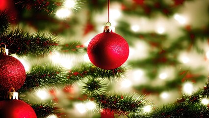 Christmas Tree In Red Shiny Background - Ornaments On Fir Branches With Glittering And Defocused Abstract Lights