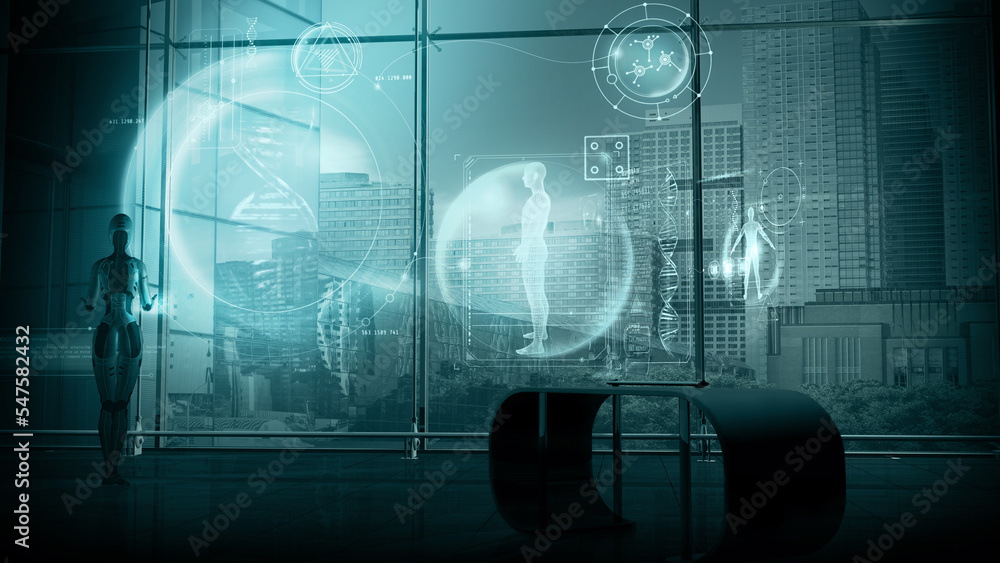 Poster an android examines the data on the structure of the dna, 3d render.