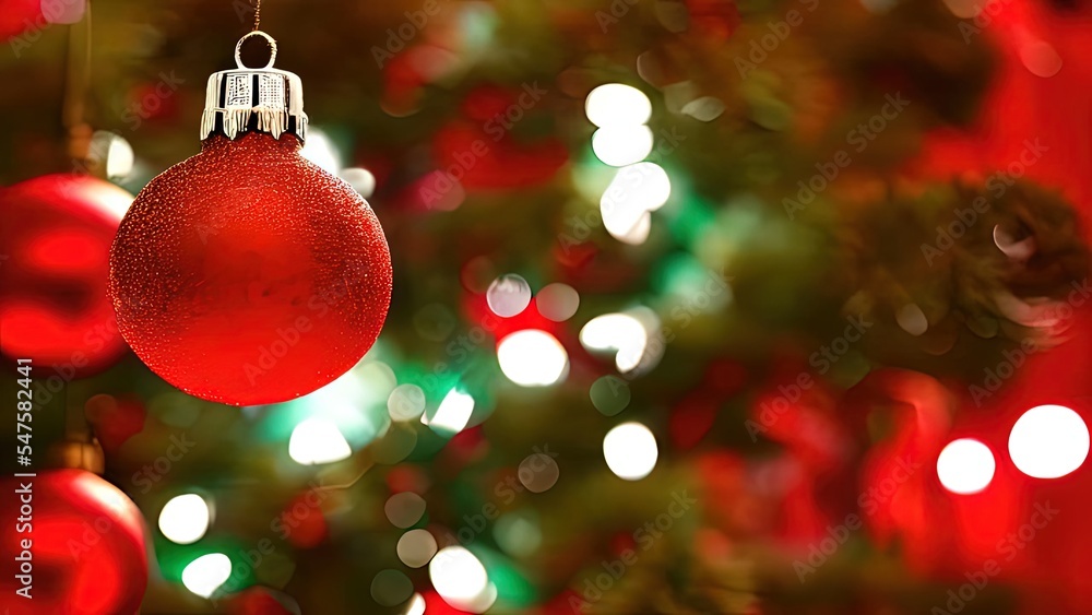 Aufkleber Christmas Tree In Red Shiny Background - Ornaments On Fir Branches With Glittering And Defocused Abstract Lights