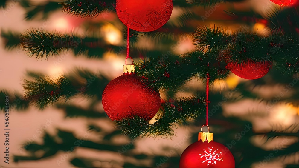 Poster Christmas Tree In Red Shiny Background - Ornaments On Fir Branches With Glittering And Defocused Abstract Lights