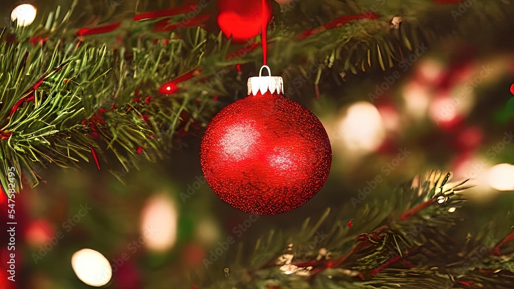 Poster Christmas Tree In Red Shiny Background - Ornaments On Fir Branches With Glittering And Defocused Abstract Lights