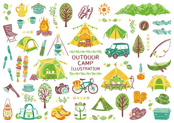 アウトドア　レジャー　キャンプ　アイコン　イラストセット	