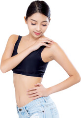 Portrait young asian woman smiling beautiful body diet with fit, model girl weight slim with...