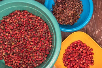 strawberries laid out on different dishes