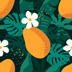 vector seamless pattern with mango  fruits and tropical leaves