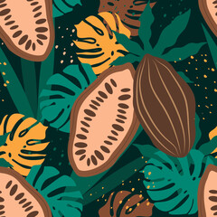 vector seamless pattern with cocoa fruits and tropical leaves