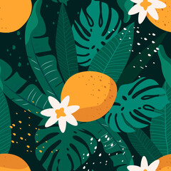 vector seamless pattern with oranges and tropical leaves