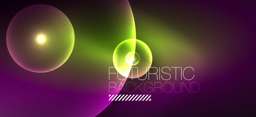 Abstract background with neon glowing light effects. Round shapes, triangles and circles. Wallpaper for concept of AI technology, blockchain, communication, 5G, science, business and technology