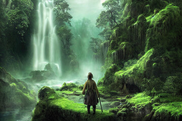 A person standing in a beautiful ethereal forest looking at a waterfall. Gorgeous digital matte painting.