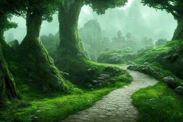 A gorgeous ethereal pathway into a misty forest environment.
