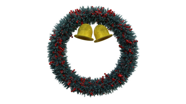 Christmas wreath transparent png file with holly Ilex aquifolium and golden bells red fluits.