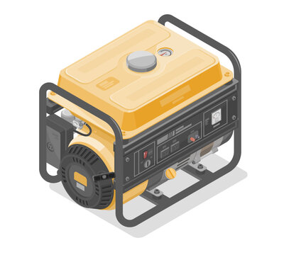 Home portable power generators engine motor isometric for industry and construction equipment yellow in white isolated