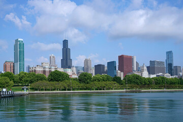 Fototapeta na wymiar View of Grant Park and Chicago downton skyline from Lake Michigan