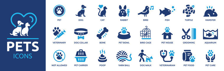 Pets icon set. Containing dog, cat, puppy, animals symbol. Animal care and vet clinic elements collection. Vector illustration.