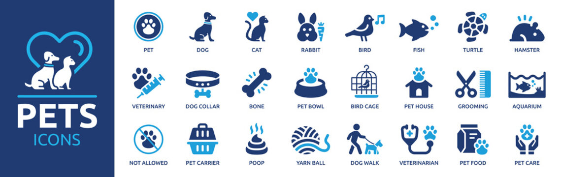 Pets icon set. Containing dog, cat, puppy, animals symbol. Animal care and vet clinic elements collection. Vector illustration.