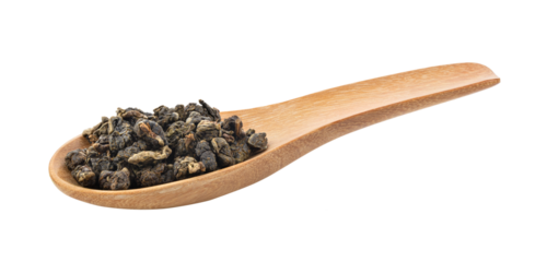 Dry tea leaves in wood spoon  isolated on transparent png