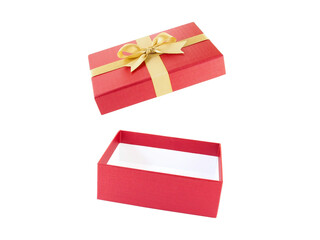 open empty rectangle red gift box with gold ribbon bow isolated on white
