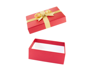 open empty rectangle red gift box with gold ribbon bow isolated on white
