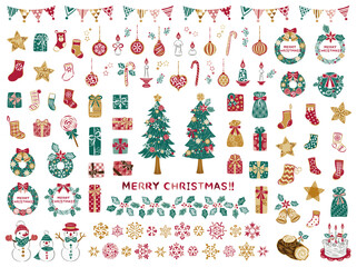 クリスマスツリー　リース　プレゼント　イラスト素材セット	