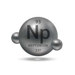 Neptunium molecule models black and chemical formulas scientific element. Ecology and biochemistry concept. Isolated spheres on white background. 3D Vector Illustration.
