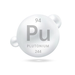 Plutonium molecule models silver and chemical formulas scientific element. Natural gas. Ecology and biochemistry concept. Isolated spheres on white background. 3D Vector Illustration.