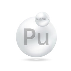 Plutonium molecule models silver. Ecology and biochemistry concept. Isolated spheres on white background. 3D Vector Illustration.