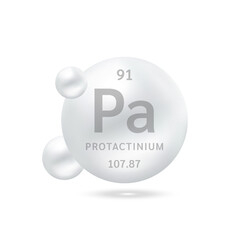 Protactinium molecule models silver and chemical formulas scientific element. Natural gas. Ecology and biochemistry concept. Isolated spheres on white background. 3D Vector Illustration.