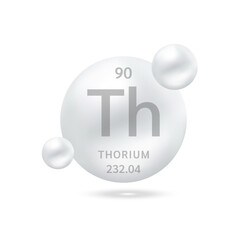 Thorium molecule models silver and chemical formulas scientific element. Natural gas. Ecology and biochemistry concept. Isolated spheres on white background. 3D Vector Illustration.
